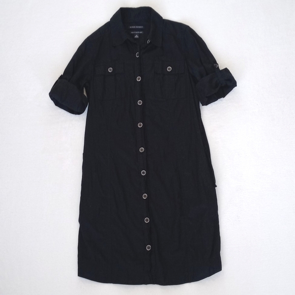 Banana Republic 3/4 Sleeve Black Soft Italian Cotton Button Down Shirt Dress 2 - Picture 12 of 16